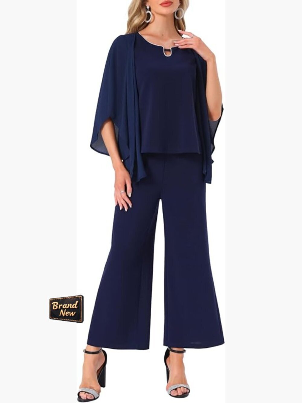 Chiffon Two Piece Pantsuit Rhinestone Trim Keyhole Neckline Dressy Party Formal
